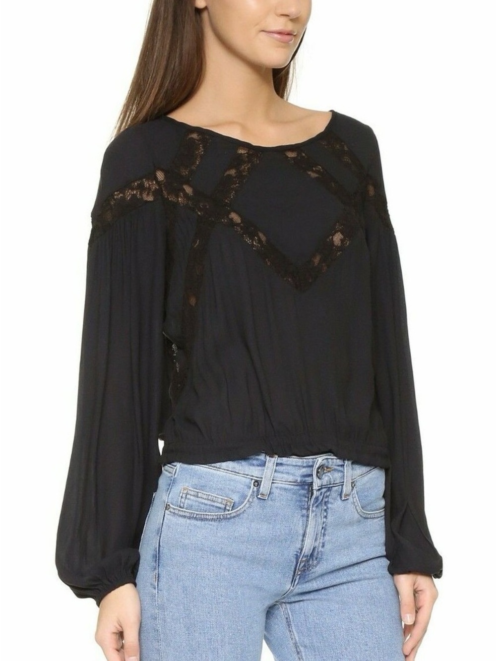 Free People Geometry Lessons Black Lace-Trim Long Sleeve Blouse